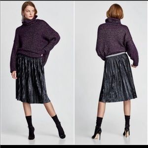 Zara High Waisted pleated velvet midi skirt